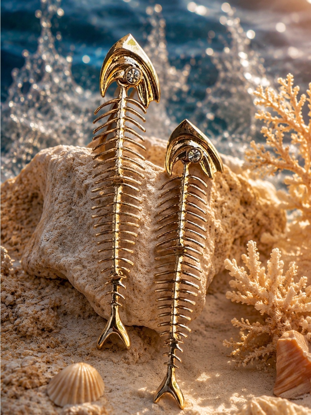 Gold Fishbone Drop Earrings - Picture 5 of 5